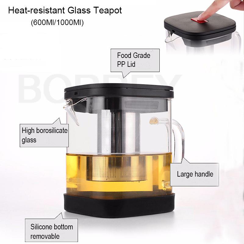 BORREY Clear Glass Teapot Teacup Set Heat Resistant Square Glass Teapot With Tea Infuser Puer Oolong Tea Kettle Office Tea Cup
