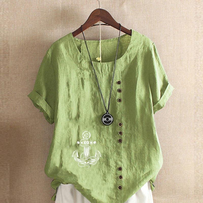 Женская модная футболка с круглым вырезом и коротким рукавом, повседневная хлопковая льняная рубашка с рисунком, свободная летняя блузка с принтом для отдыха, корабельный якорь, топы