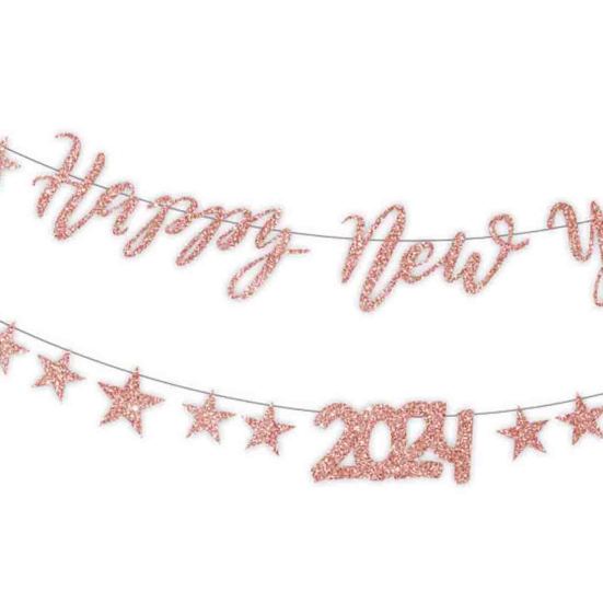 Баннер-флаг 2024. Блестящие буквы счастливого года создают атмосферу. Блестящие элегантные подвесные украшения или вечеринки.