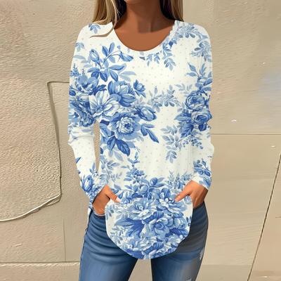 Круглый вырез 3D принтованный топ модные повседневные длинные рукава женские футболки