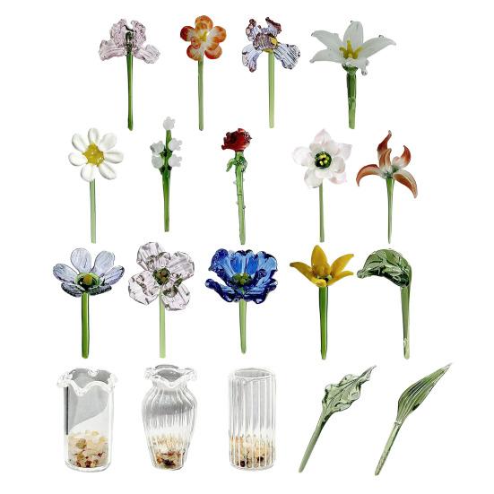 Handmade Glass Flower Decoration with Stem Hand-Blown Mini Floral Plants Figurine Home Living Room Office Table Flower Vase Ornament