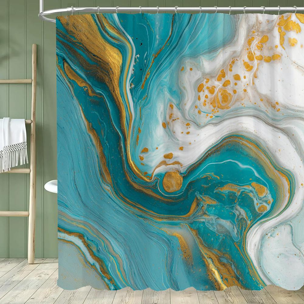 Сине-золотая текстурированная мраморная шторка для душа Черно-белый натуральный художественный узор Полиэстеровая ткань Стираемая шторка для душа Декор для ванной комнаты