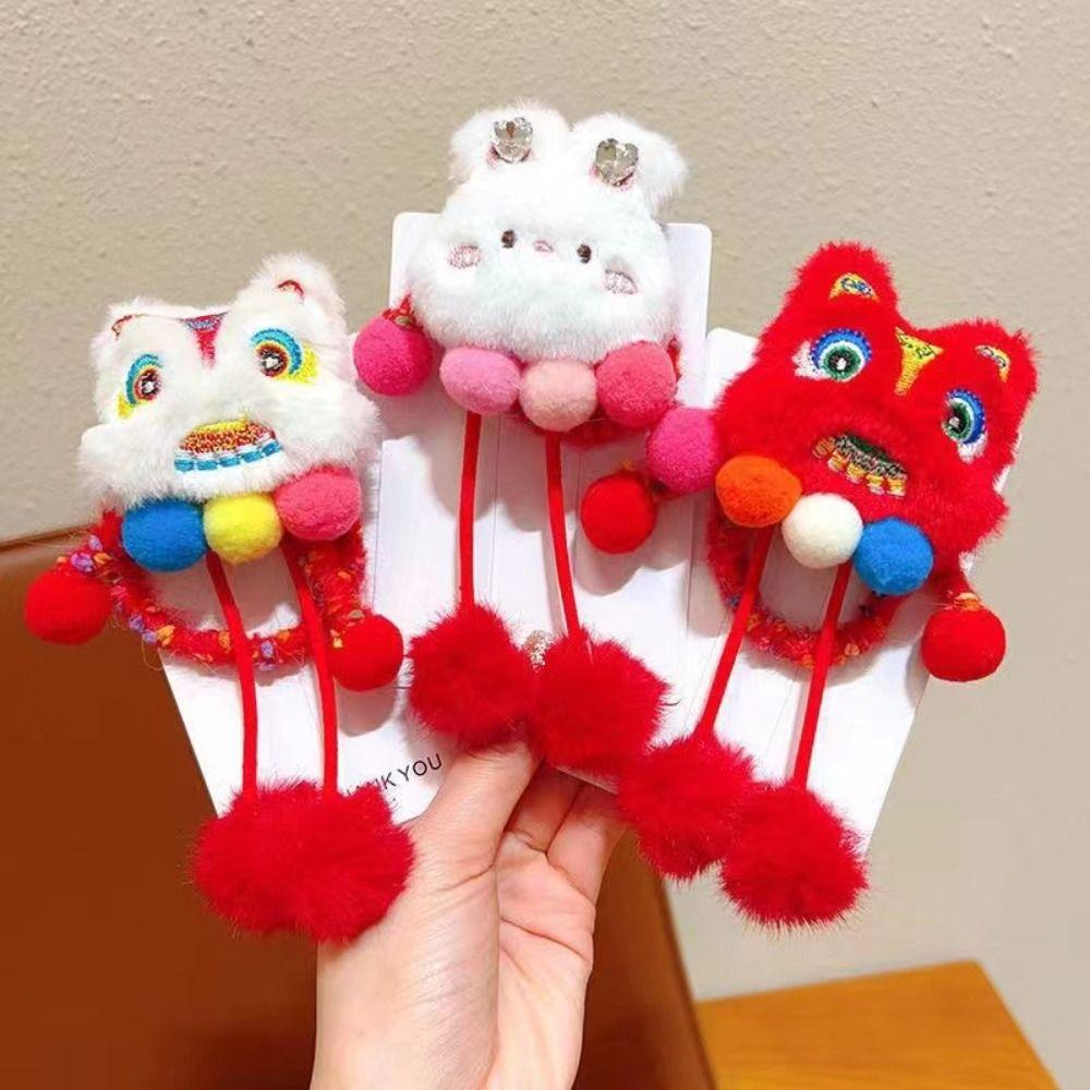 Ponytail Holder New Year Hair Rope Tassel Plush Elastic Hair Band Lion Awakening Headwear Female