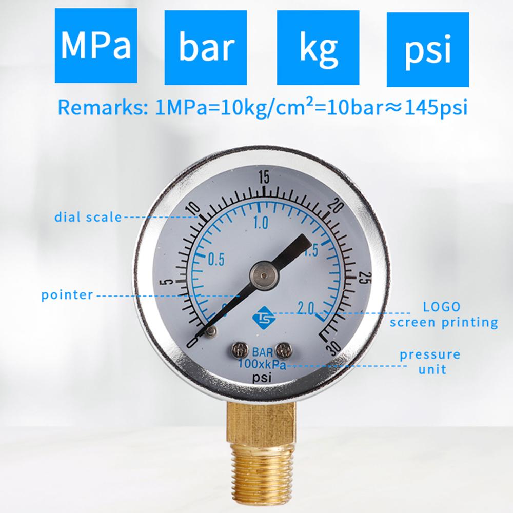 TS-Y50I 40mm Dial Gas Pressure Gauge 0-30 PSI/0-2 Bar Range Stainless Steel Dual Scale Oil Water Pressure Gauge