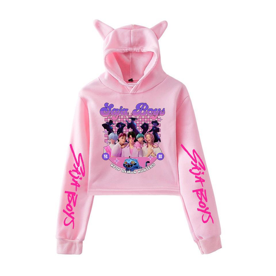 K-pop Охотники на демонов Персонажи фильма Толстовка с капюшоном Женская Ушки кошки Длинный рукав Укороченные топы Модная толстовка для девочек Подарок для фанатов Женская одежда