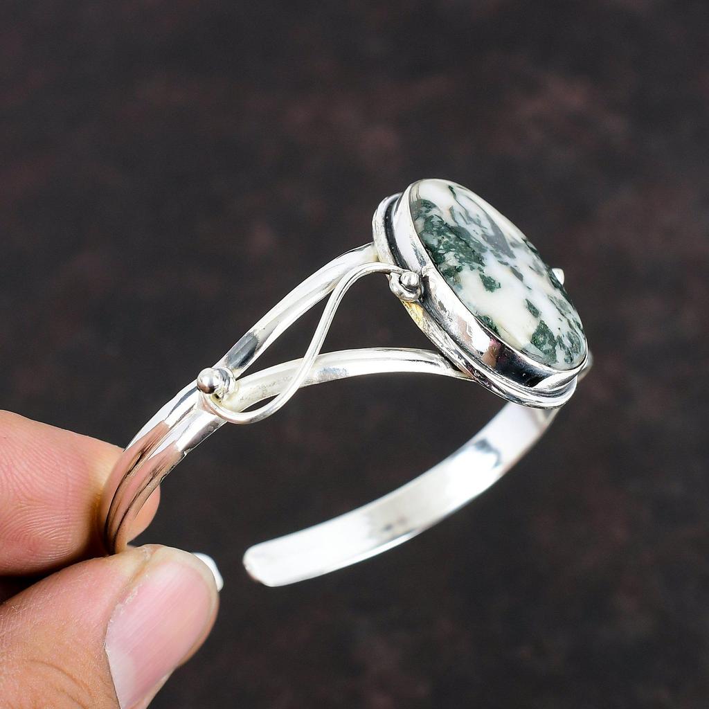 Браслет с драгоценным камнем Tree Agate, ювелирные изделия ручной работы, браслет-манжета из стерлингового серебра 925 пробы, регулируемый браслет, подарки на годовщину, серебряные ювелирные изделия Tree Agate
