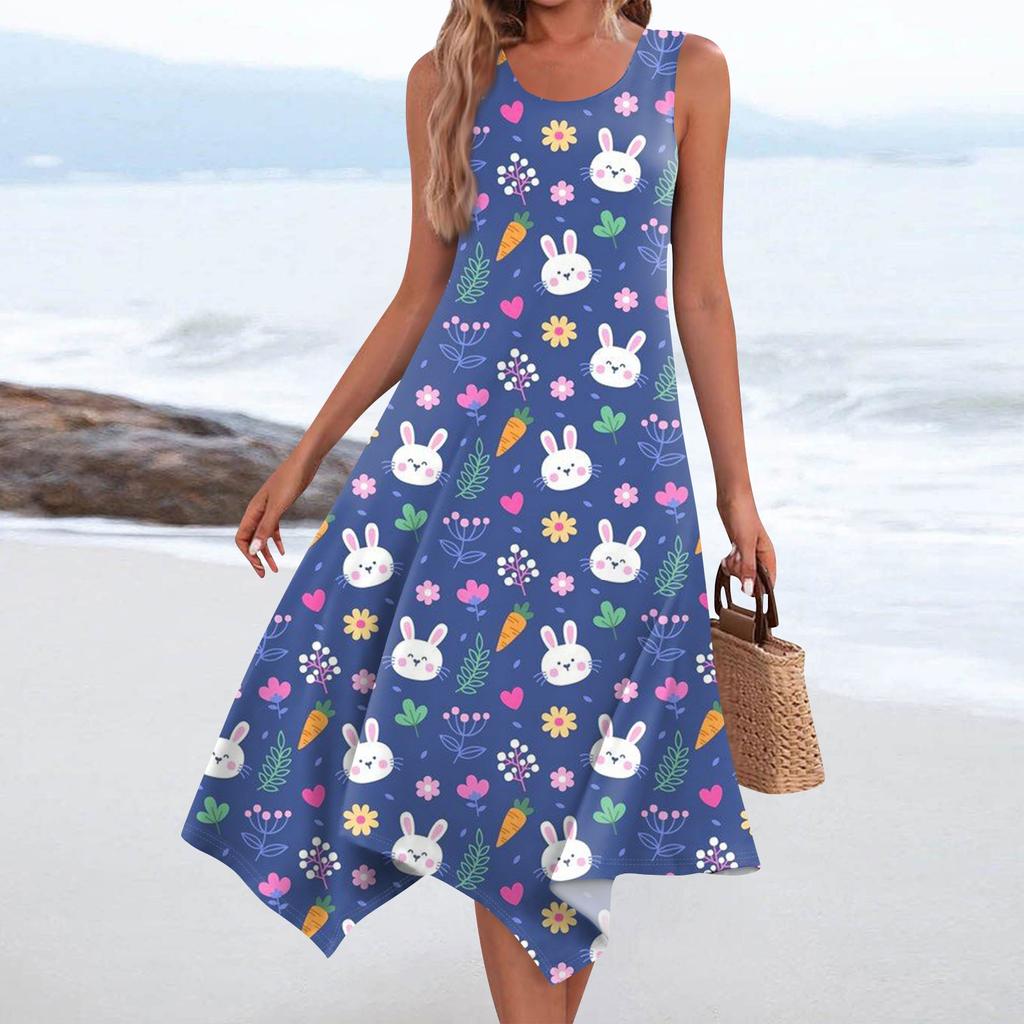 Women's Casual Fashion Round Neck Sleeveless Print Irregular Hem Midi Dress