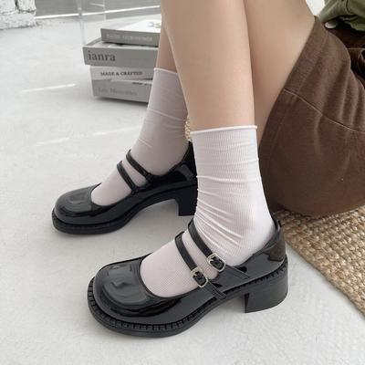 Ji New British Coarse Heel Single Shoes Round Head Small Mouth High Heel Shoes One-Word Buckle Belt Women's Shoes Mary Jane Wholesale