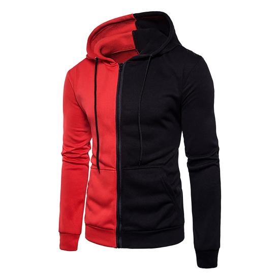 Hooded Zipper Closure Men Jacket Patchwork Long Sleeve Drawstring Side Pockets Sweatshirt Male Clothing