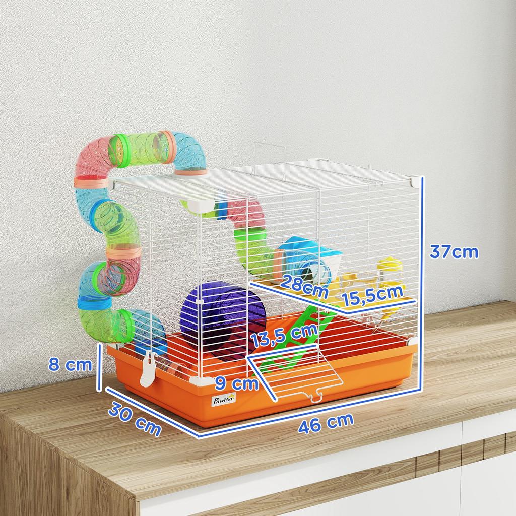 Hamster Cage with Tunnel, Bowl, Water Bottle, House, Ramp, Exercise Wheel, Removable Tray, 46x30x37 cm, Orange