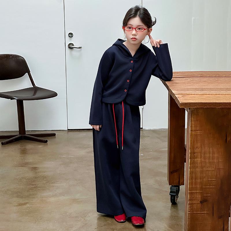 Big Girls' Navy Blue Autumn Fashion Set: Hooded Jacket & Casual Two-Piece Outfit (2025 Style)