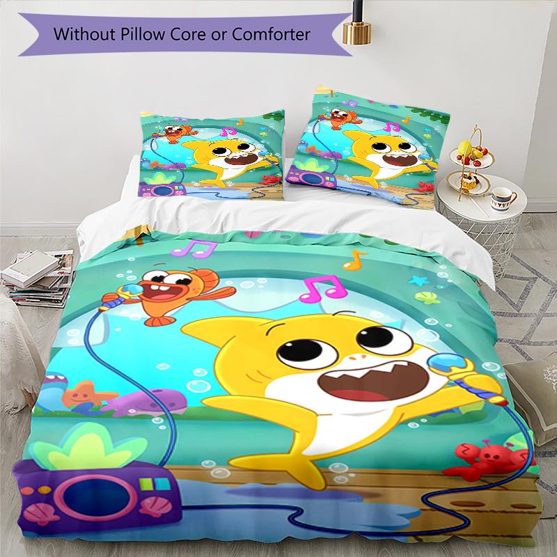 3pcs Pinkfong Shark (3) Design Cover Set - HD Printed Bedding with 1 Cover and 2 Pillowcases - Perfect for Home and Dorm Decor