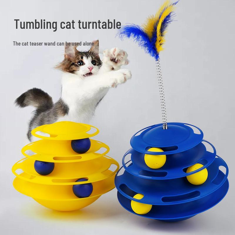 Three-Layer Catnip Teaser Turntable with Feather Toy