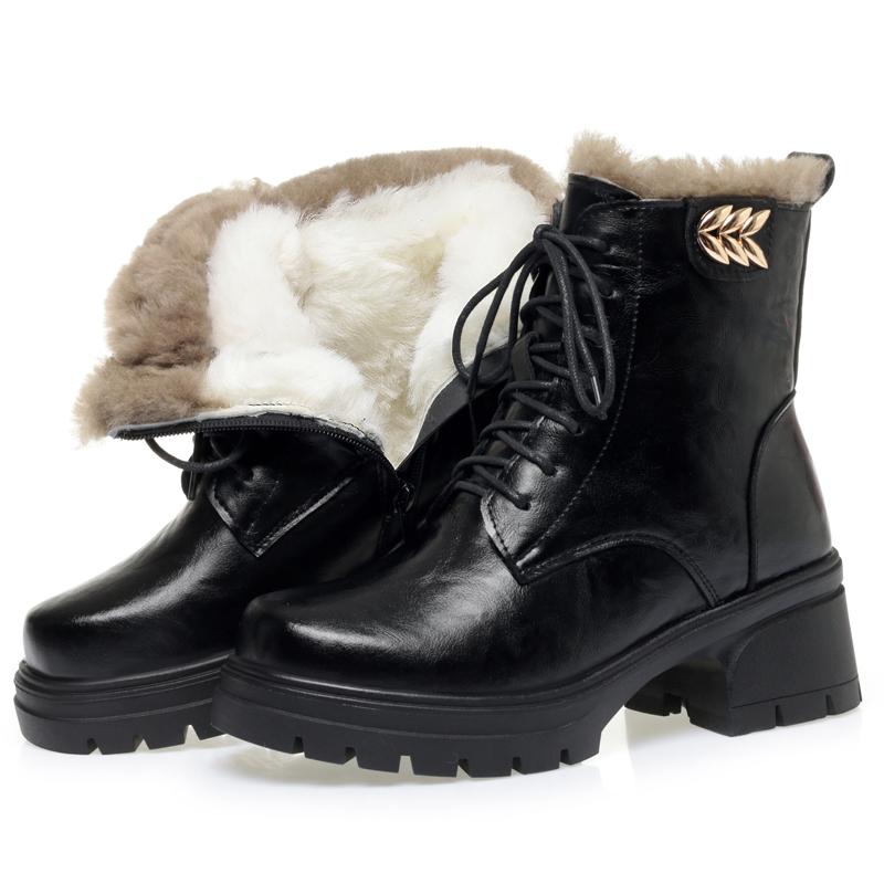 2025 Новые Высококачественные Женские Ботильоны из Натуральной Кожи с Плюшем Зимние Теплые Шерстяные Женские Сапоги на Высоком Каблуке Снежные Сапоги Botas Para Mujer