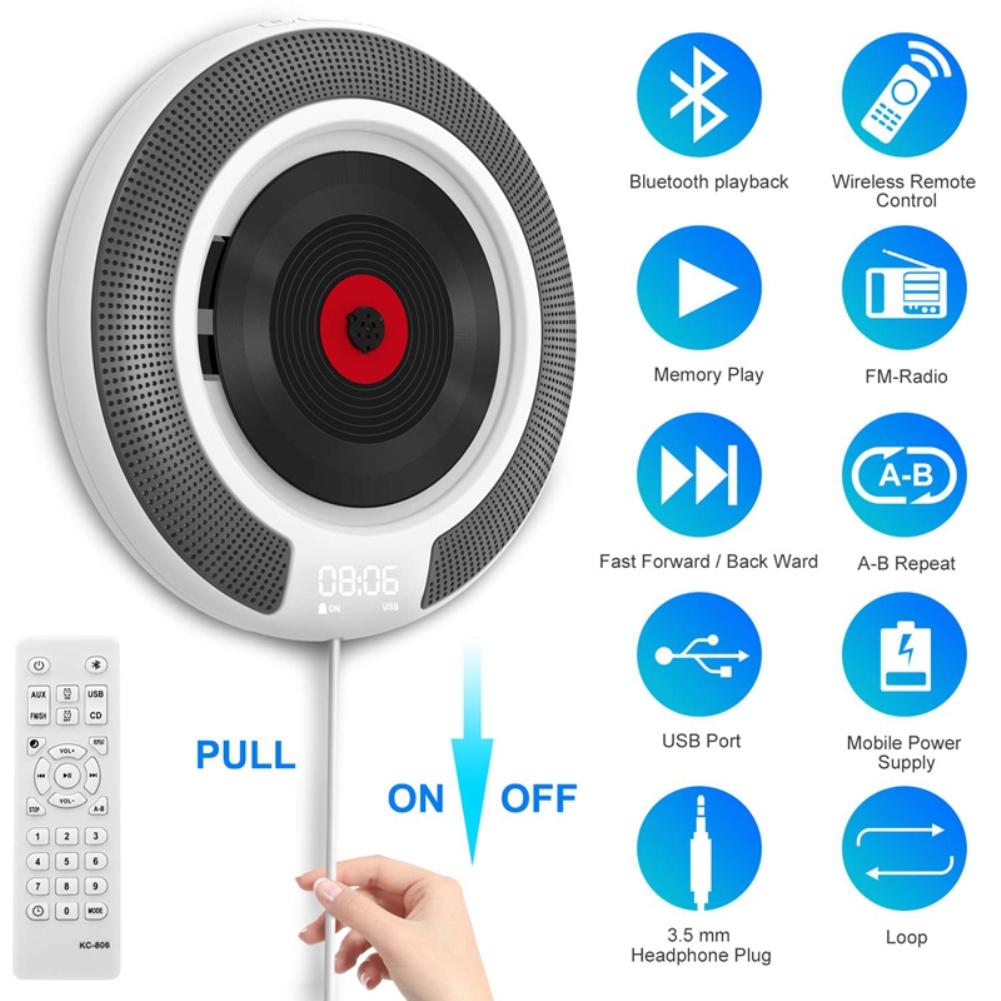 5 IN 1 Wall Mounted CD Player FM Radio HiFi Bluetooth Speaker Mini Home Boombox USB Player