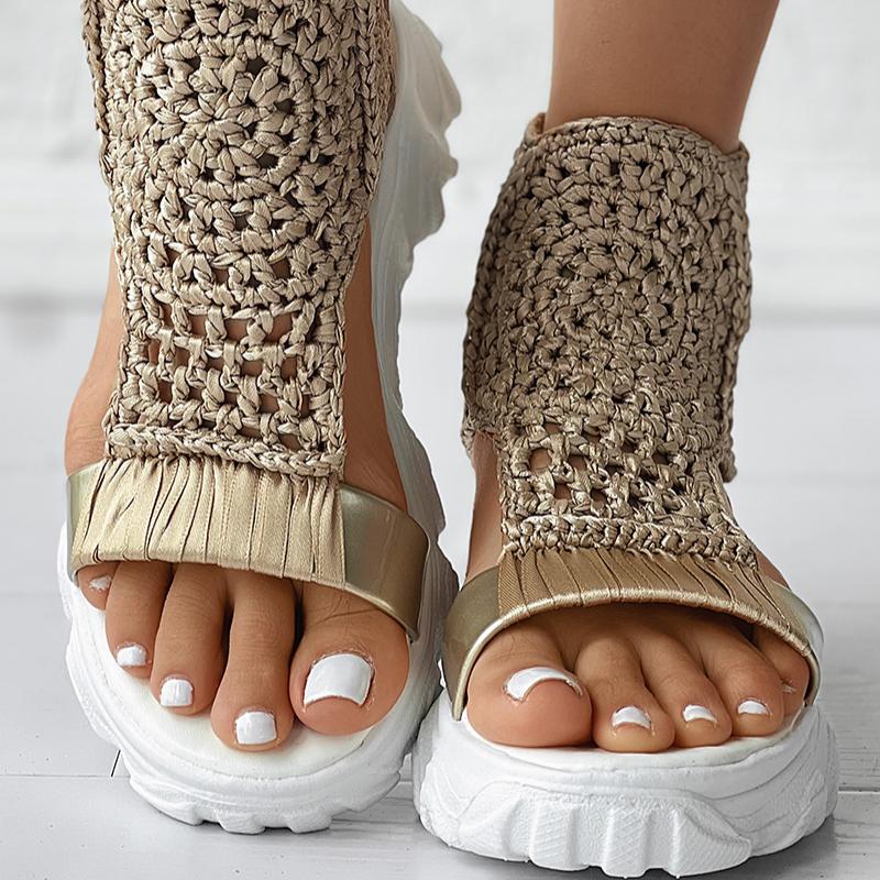 Sandals Women Braided Geometric Wedge Sandals Knitted Elastic Summer Shoes Mesh Flat Sandals Hollow Female Platform Shoes Gold