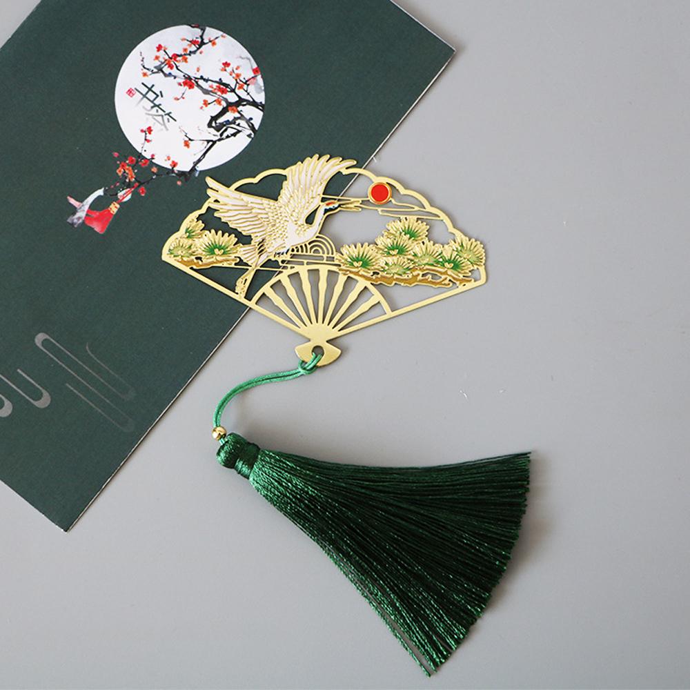 Supplies Retro Tassel Crane Flower Book Clip Brass Bookmark Folding Fan Shape Pagination Mark
