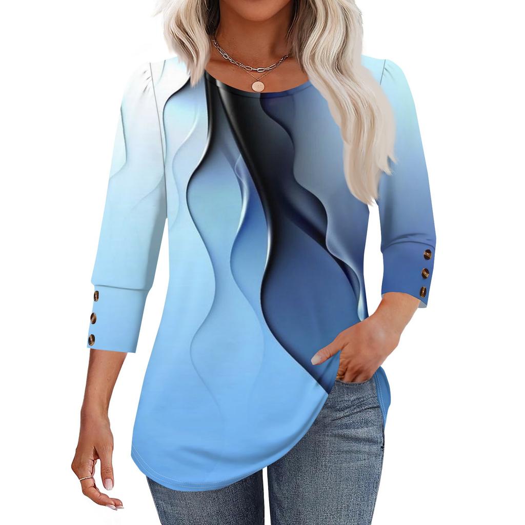 Женская модная повседневная футболка с цветными блоками, сшивная, с принтом, с круглым вырезом, с рукавами семь восьмых