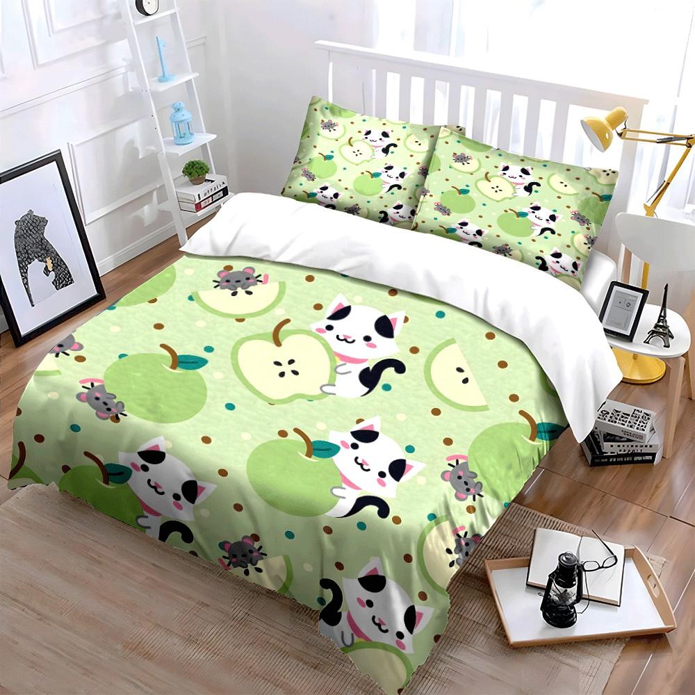 "Playful Cats and Apples Theme printed bedding set" Exquisite three-piece bedding set gift for kids and adults