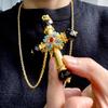 Medieval Turquoise Sparkling Diamond Inlaid Sweater Chain Double Sided Cross Crystal Necklace Female