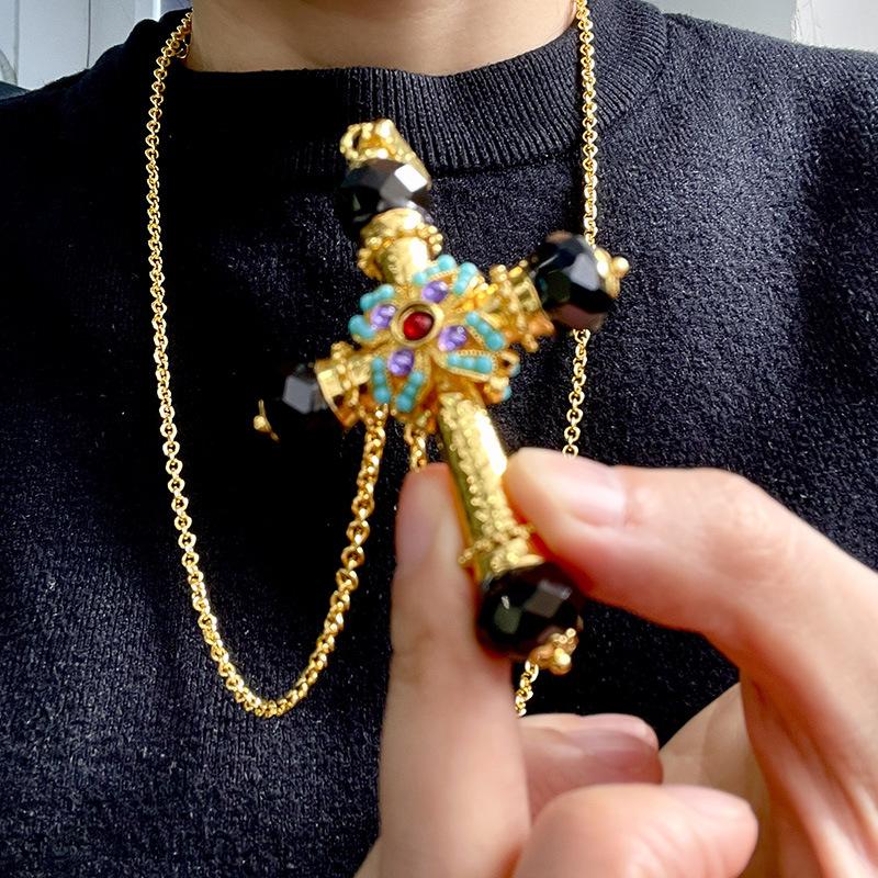 Medieval Turquoise Sparkling Diamond Inlaid Sweater Chain Double Sided Cross Crystal Necklace Female