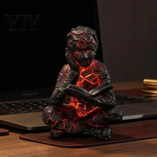 Niche Resin Craft Cracked Reader Figurine, Lighted Abstract Art Statue, Modern Thinker Sculpture Decor with LED Light for Home Desk Shelf Ornament