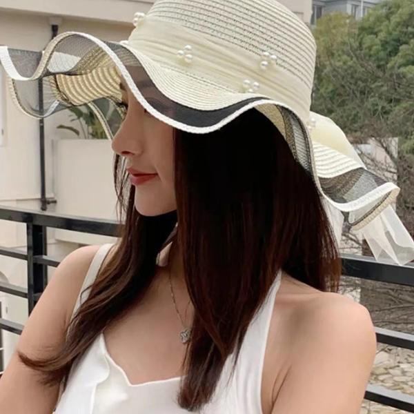 WTEMPO Соломенные шляпы с жемчугом, женские летние пляжные пляжные солнцезащитные козырьки для отдыха, солнцезащитный крем, сандалии с большими полями, однотонные солнцезащитные шляпы