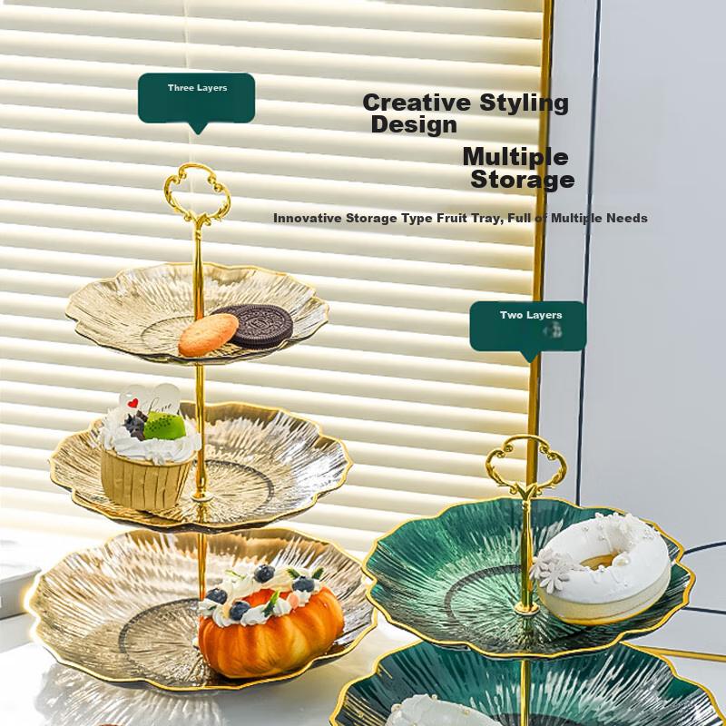 3-Tier Luxury Fruit Plate with Metal Rod, Candy & Dried Fruit Display Rack, Multipurpose Dessert Serving Platter for Living Room Coffee Table