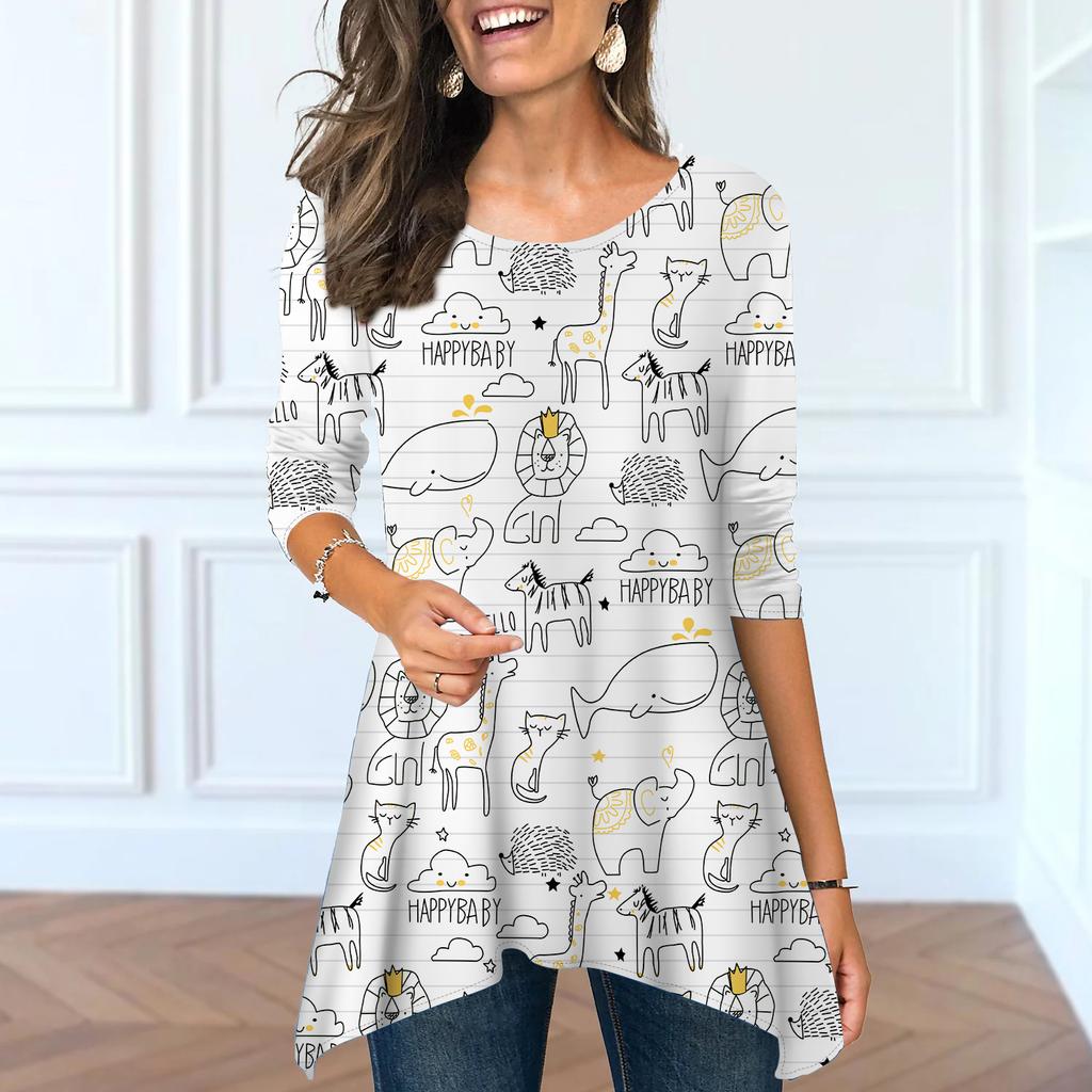 Женские весенние топы с круглым вырезом и принтом подсолнухов, модные футболки с длинными рукавами и неровным подолом