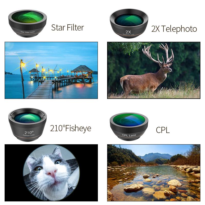 Универсальный объектив для камеры телефона 6 в 1, объектив «рыбий глаз», широкоугольный макрообъектив, CPL/звездный фильтр, 2X телеобъектив для