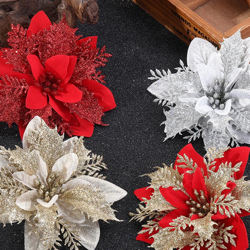 10pcs Artificial Flowers Christmas Glitter Fake Flower Tree Hanging Decoration Xmas Party Tree Ornaments Wedding Silk Flower