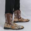 Designer Men's Retro Western Cowboy Boots Mens Leopard Patchwork Embroidery Mid-calf Leather Boot Designer Casual Shoes