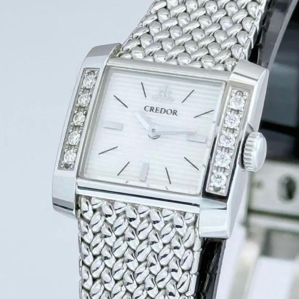 SEIKO CREDOR квадратные с бриллиантами две белых серебристых 1E70-0BY0 безель, форма, женские наручные часы, стрелки, циферблат, отделка