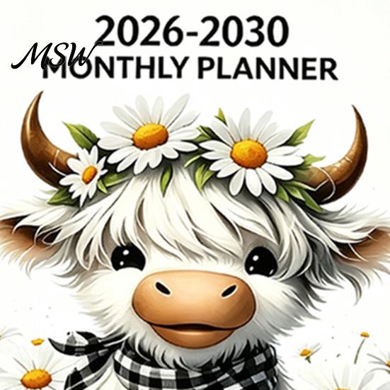 Портативный ежедневник ответственности 2026?2030 5?Ежегодный ежемесячный планировщик, Календарь-блокнот с милой обложкой в виде шотландской коровы, Ежедневник 60