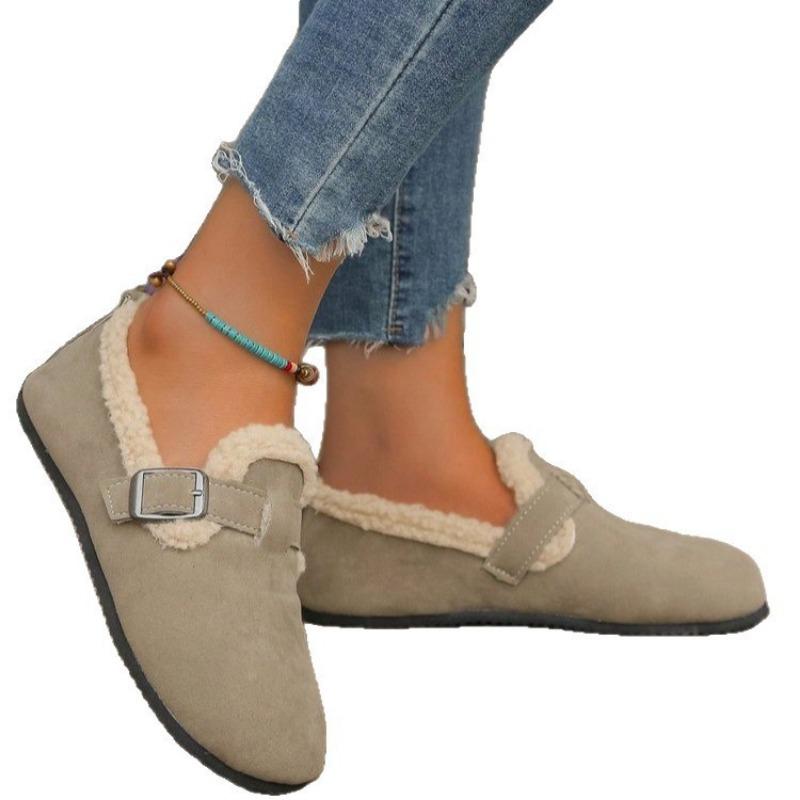 Флисовые хлопковые туфли на одной педали женские зимние новые ретро на плоской подошве теплые хлопковые туфли с пряжкой