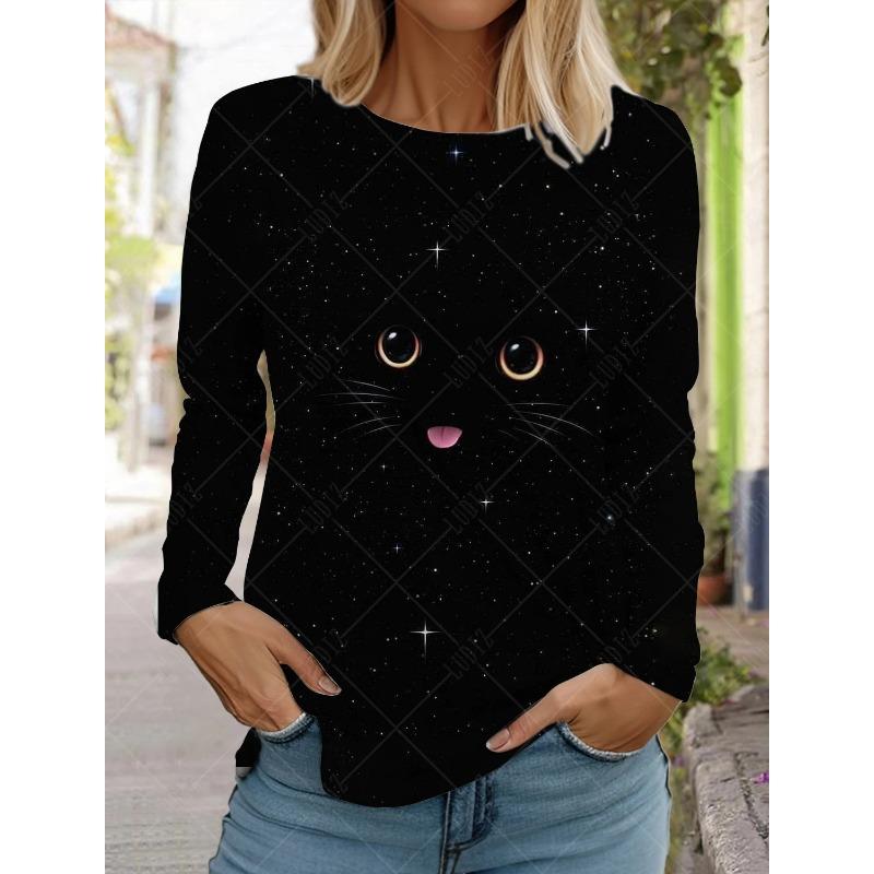 Круглый вырез с принтом 3D Cat Top Модные повседневные длинные рукава женские футболки