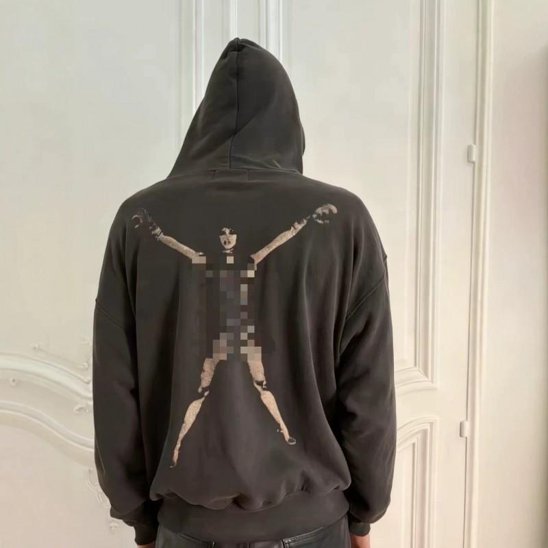 Unisex Washed Black Cotton Hoodie With Letter Print Zip-Up Long Sleeve Streetwear Sweatshirt Youth