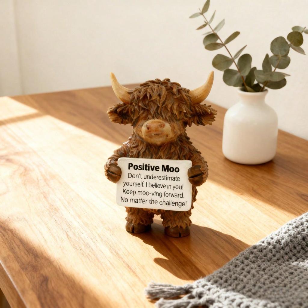 A Cute Scottish Highland Cow Statue, Resin Farmhouse Cow Desk Decor, Encouragement Cheer Up Gift for Office Home Shelf Tabletop