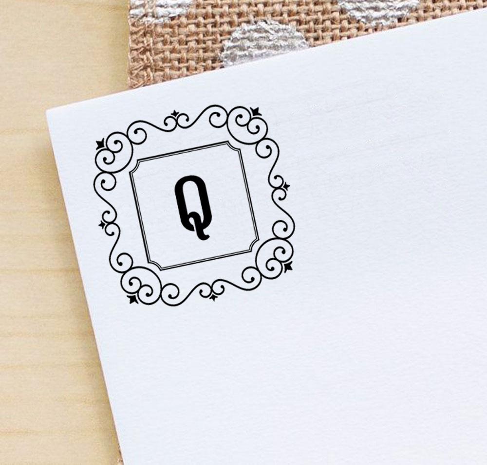 Printtoo Alphabet Q Monogram Initial Square Swirl Border Self Inking Rubber Stamp Office