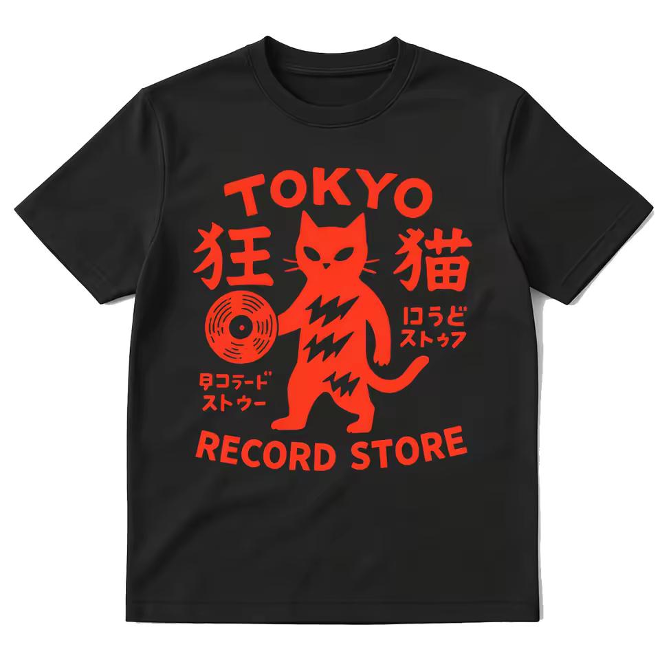 Tokyo Record Store Cat Vinyl Record Player Rock Dj Band Japanese Funny T-shirts Women Clothing Short Sleeve T Shirts