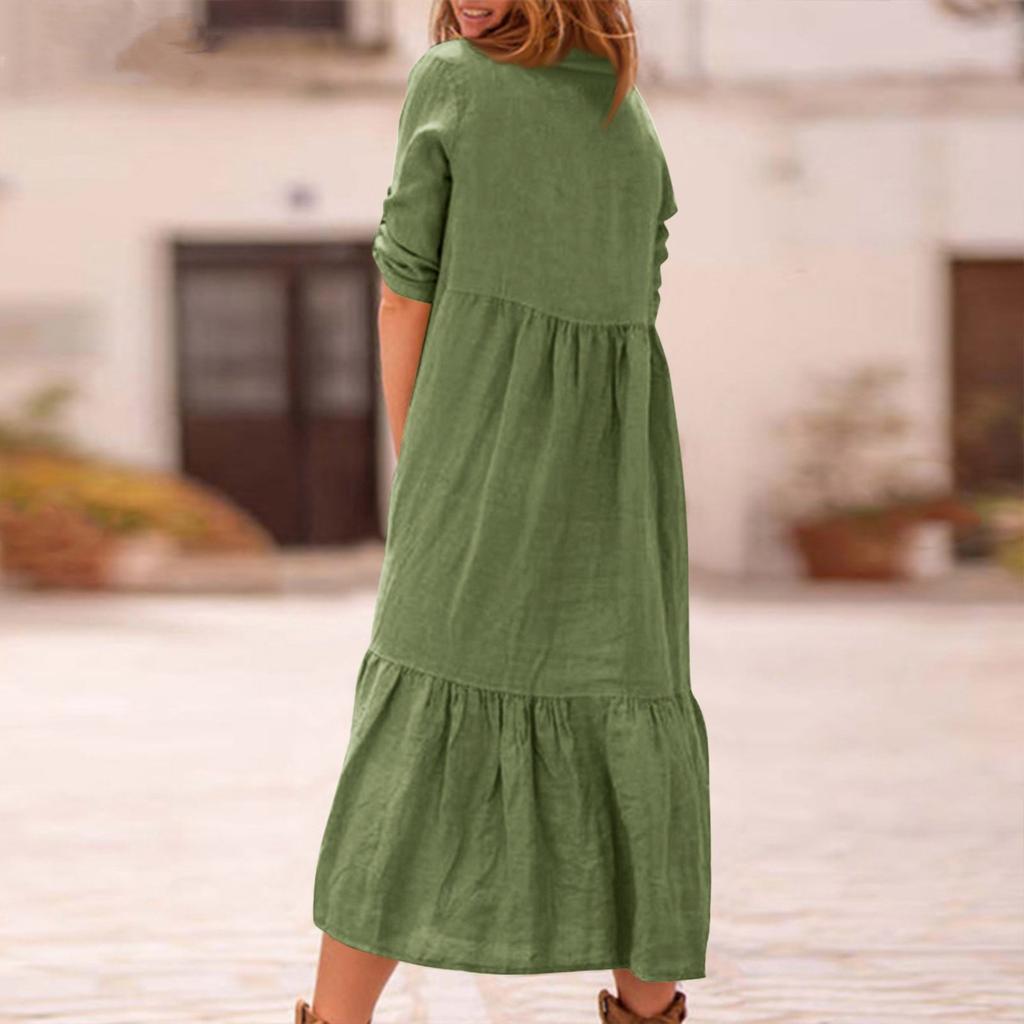 Женская мода в стиле ретро, ​​однотонная хлопковая и льняная длинная классическая рубашка с воротником и пуговицами, повседневная юбка