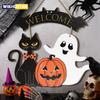 Halloween Decorative Wooden Sign with Black Cat, Pumpkin and Ghost - "Welcome" Design for Door Hanging