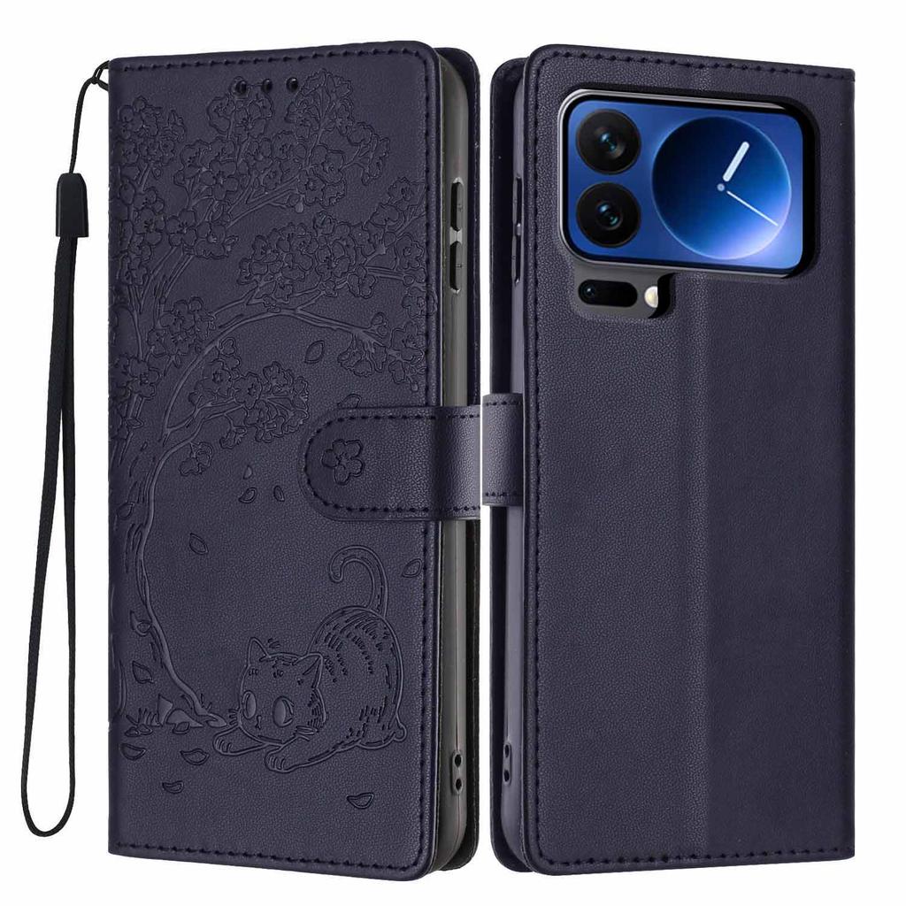 For Xiaomi 17 Pro Max Stand Case Tree-and-Cat Pattern PU Leather Wallet Protective Phone Cover with Wrist Strap