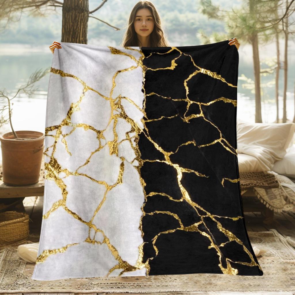 Gold Marble Black White Fleece Blanket Soft Flannel Throw Modern Luxury Home Decor Art Print Bedding Gift For Adults Cozy Style