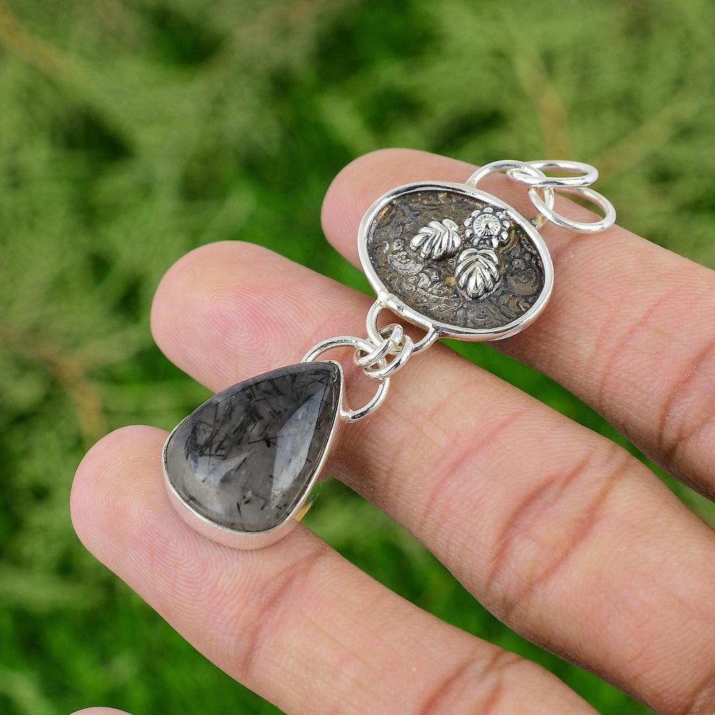 Sterling Silver Pear Black Rutilated Quartz Gemstone Mother New Pendant Jewelry