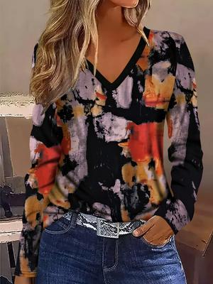 Женская элегантная футболка с контрастным V-образным вырезом и длинными рукавами в технике тай-дай