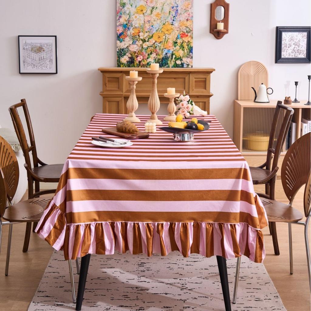 American Rural Retro Striped Flannel Tablecloth, Lotus Leaf Drape Tablecloth, Hotel Bed And Breakfast Coffee Table Cloth Cross-Border