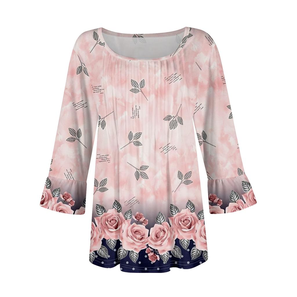 Женские топы с рукавами-колокольчиками 3/4, летние плиссированные рубашки с круглым вырезом, модные нарядные повседневные блузки-туники свободного покроя