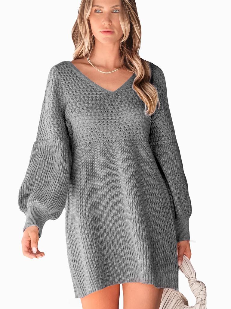 Вязаное платье-свитер с V-образным вырезом и рукавами-фонариками в стиле ретро - Европейский и американский осенне-зимний стиль