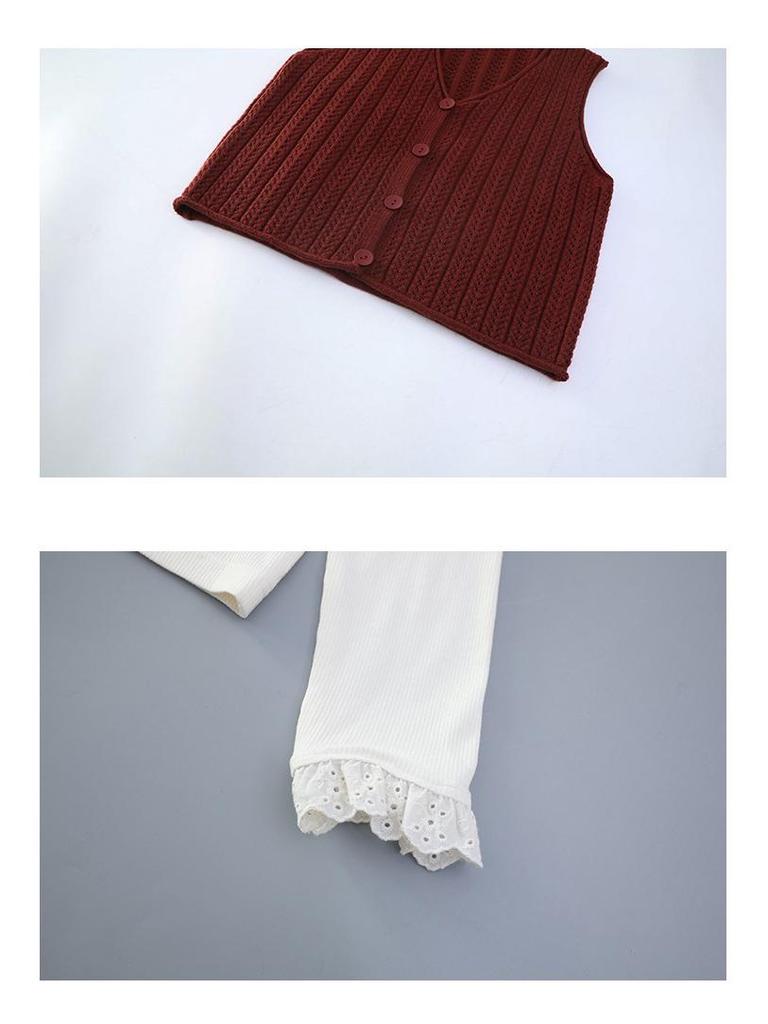 Модный корейский комплект-тройка для девочек, осень 2025: Вязаный жилет с брюками с цветочным принтом для детей старшего возраста